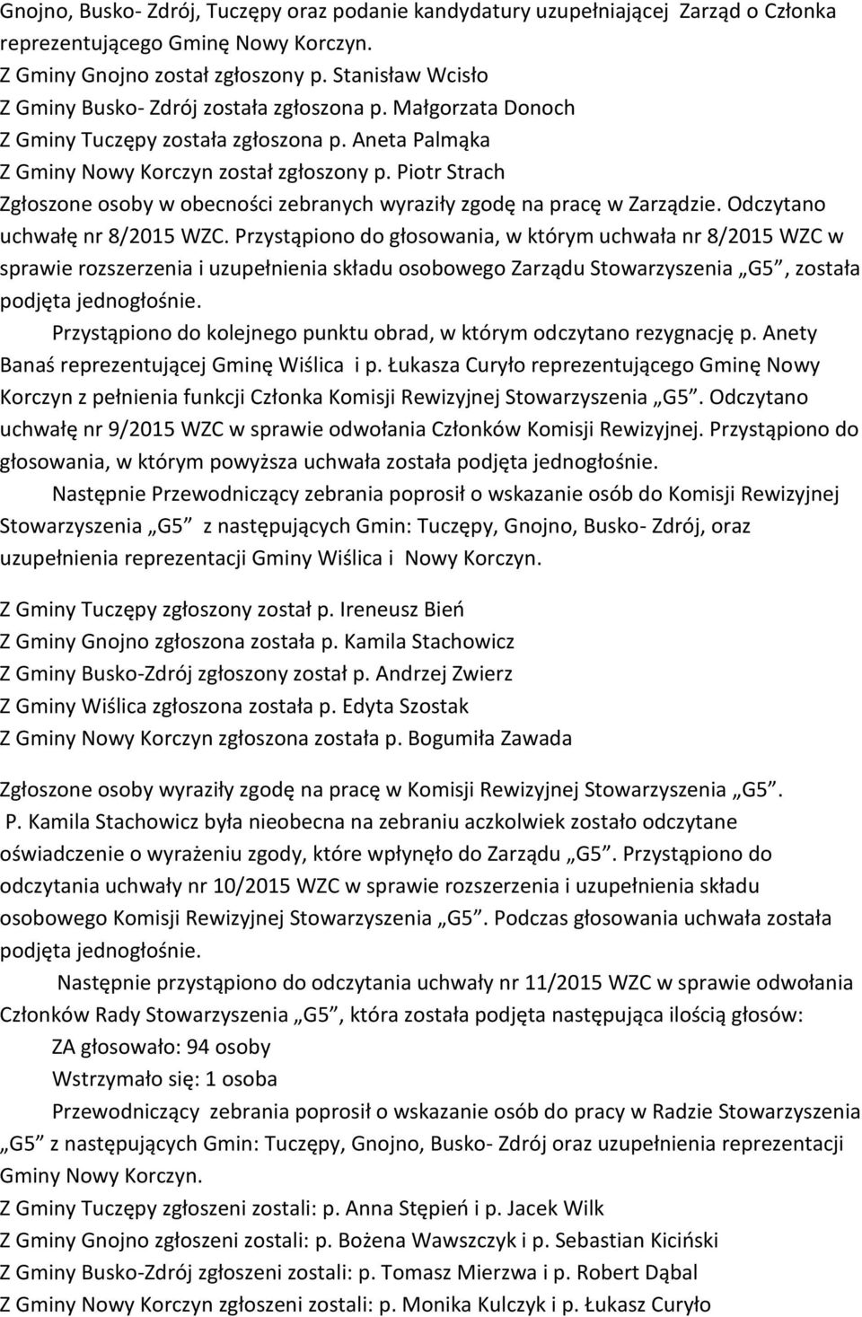 Piotr Strach Zgłoszone osoby w obecności zebranych wyraziły zgodę na pracę w Zarządzie. Odczytano uchwałę nr 8/2015 WZC.