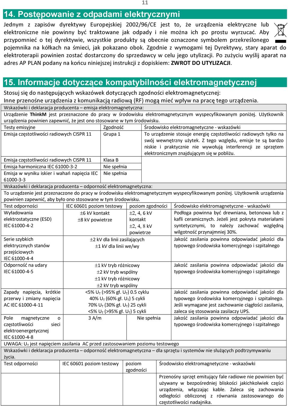 Zgodnie z wymogami tej Dyrektywy, stary aparat do elektroterapii powinien zostać dostarczony do sprzedawcy w celu jego utylizacji.