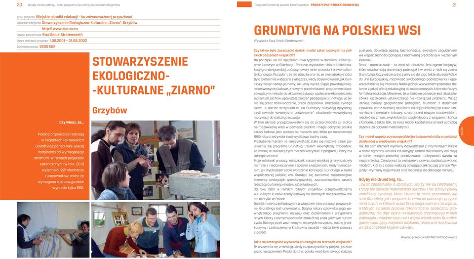 2001 31.08.2002 Dofinansowanie: 9600 EUR Czy wiesz, że Polskie organizacje realizują w Projektach Partnerskich Grundtviga ponad 40% więcej mobilności od wymaganego minimum.