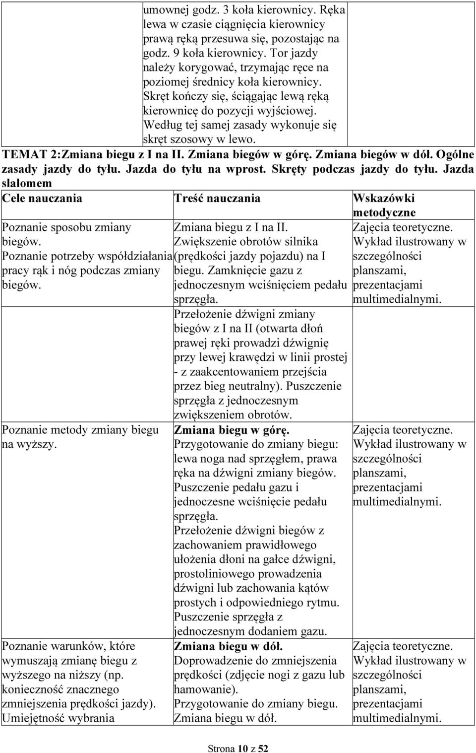 Według tej samej zasady wykonuje się skręt szosowy w lewo. TEMAT 2:Zmiana biegu z I na II. Zmiana biegów w górę. Zmiana biegów w dół. Ogólne zasady jazdy do tyłu. Jazda do tyłu na wprost.