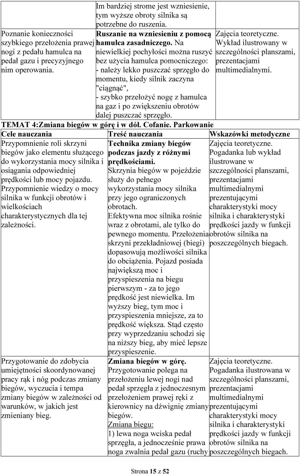 Na niewielkiej pochyłości można ruszyć bez użycia hamulca pomocniczego: - należy lekko puszczać sprzęgło do momentu, kiedy silnik zaczyna "ciągnąć", - szybko przełożyć nogę z hamulca na gaz i po