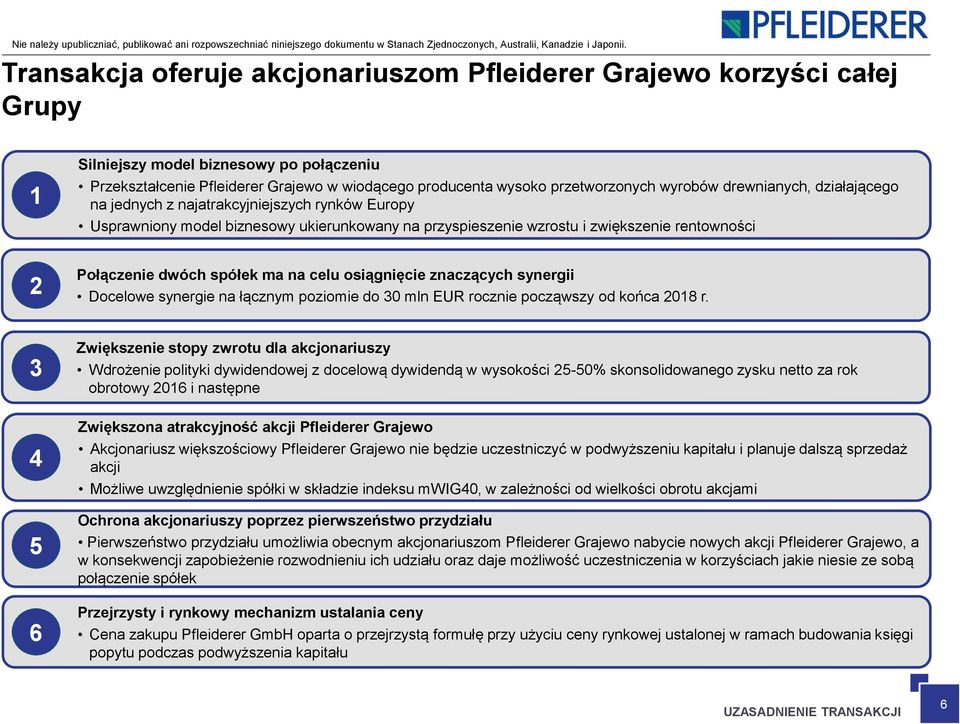 spółek ma na celu osiągnięcie znaczących synergii Docelowe synergie na łącznym poziomie do 30 mln EUR rocznie począwszy od końca 2018 r.