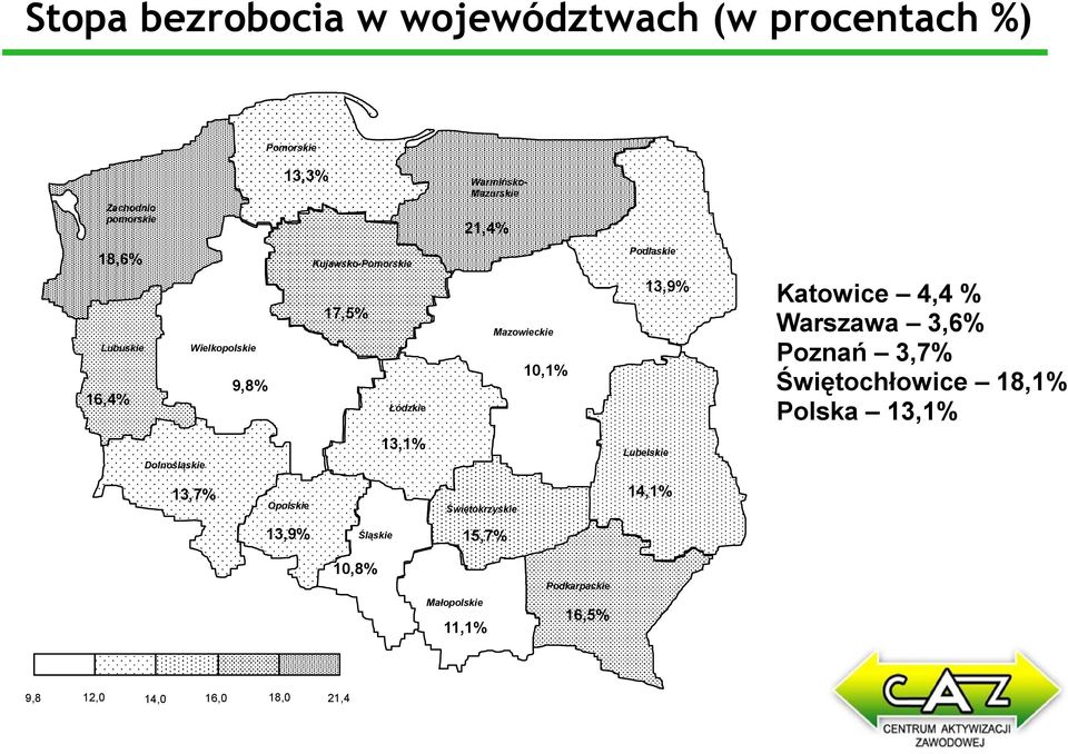 Katowice 4,4 % Warszawa 3,6% Poznań 3,7% Świętochłowice 18,1% Polska 13,1% Dolnośląskie 13,1% Lubelskie 13,7%