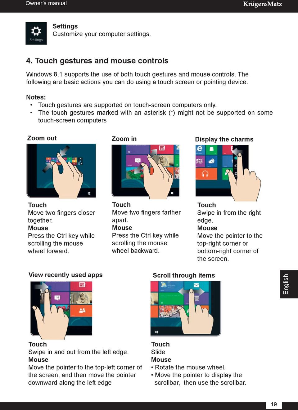 The touch gestures marked with an asterisk (*) might not be supported on some touch-screen computers Zoom out Zoom in Display the charms Move two fingers closer together.
