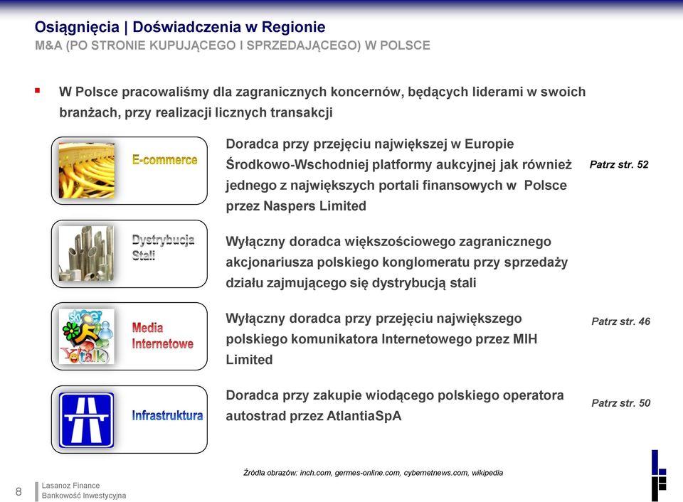 str. 52 Wyłączny doradca większościowego zagranicznego akcjonariusza polskiego konglomeratu przy sprzedaży działu zajmującego się dystrybucją stali Wyłączny doradca przy przejęciu największego