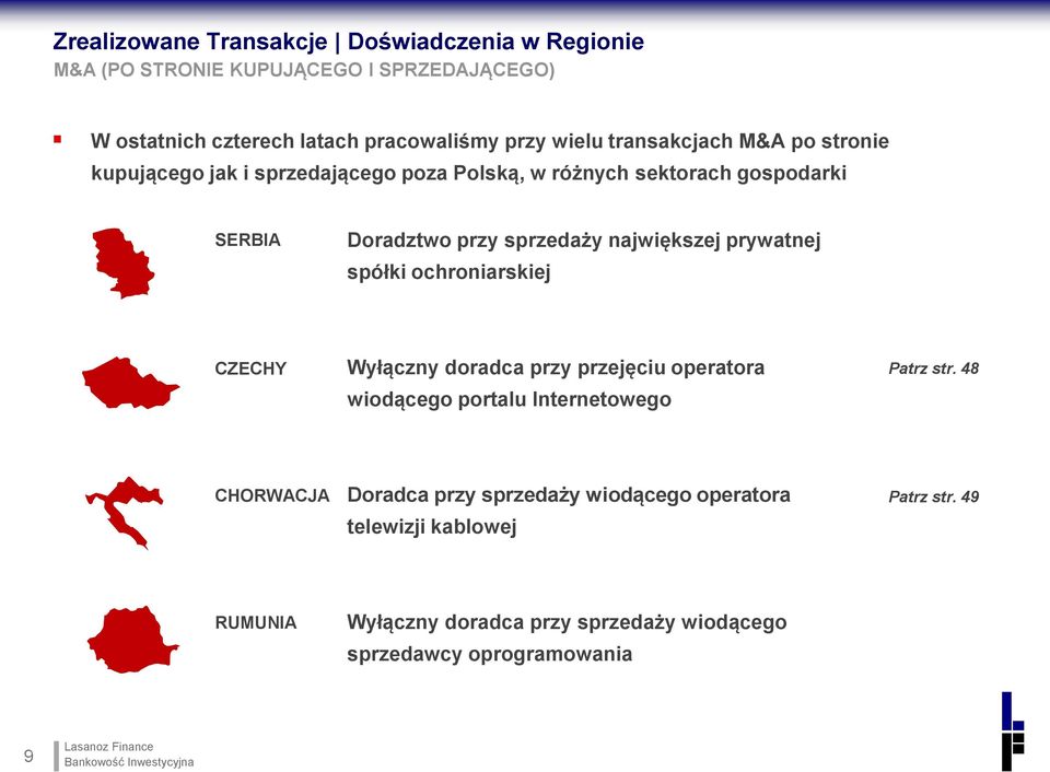 największej prywatnej spółki ochroniarskiej CZECHY Wyłączny doradca przy przejęciu operatora wiodącego portalu Internetowego Patrz str.