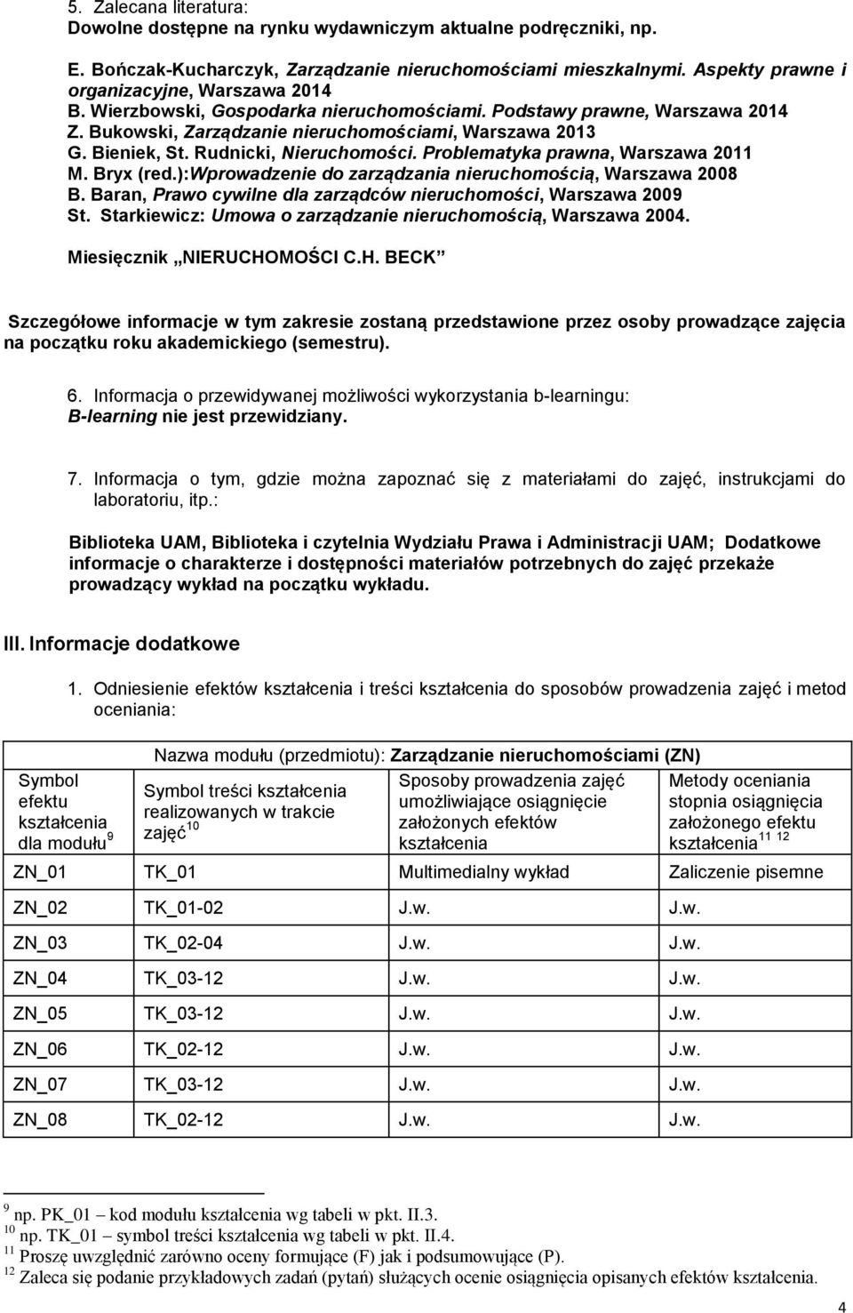 Rudnicki, Nieruchomości. Problematyka prawna, Warszawa 2011 M. Bryx (red.):wprowadzenie do zarządzania nieruchomością, Warszawa 2008 B.