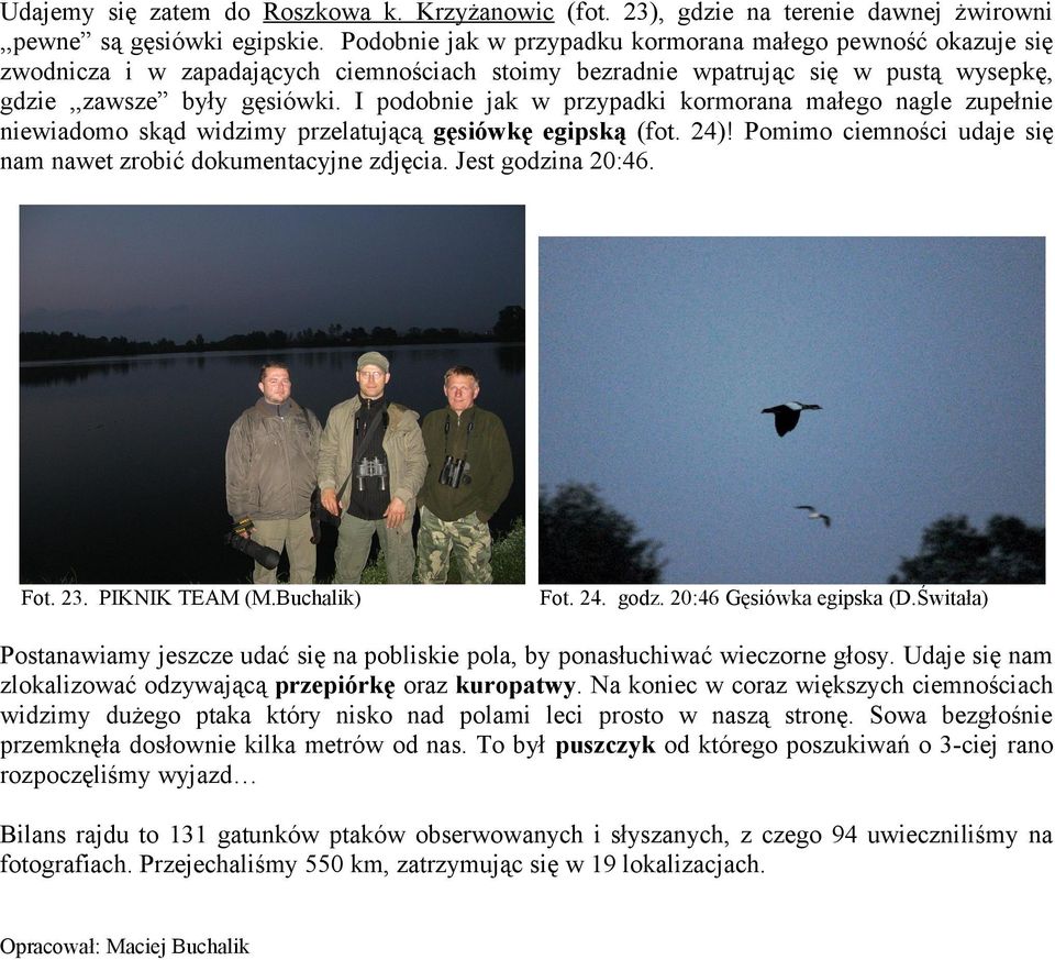 I podobnie jak w przypadki kormorana małego nagle zupełnie niewiadomo skąd widzimy przelatującą gęsiówkę egipską (fot. 24)! Pomimo ciemności udaje się nam nawet zrobić dokumentacyjne zdjęcia.
