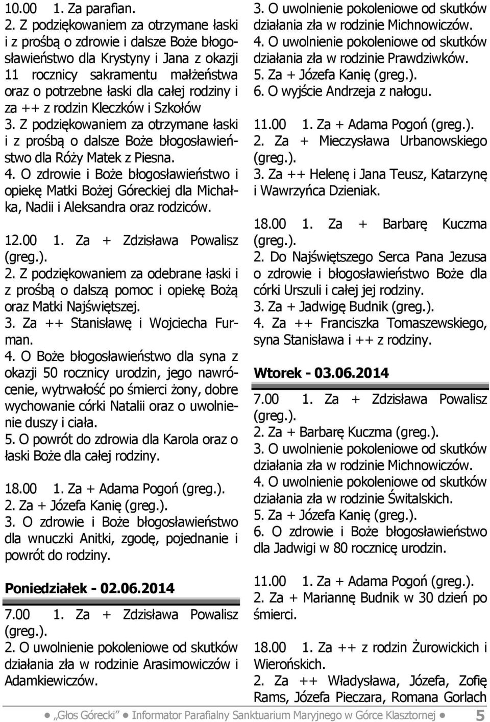 z rodzin Kleczków i Szkołów 3. Z podziękowaniem za otrzymane łaski i z prośbą o dalsze Boże błogosławieństwo dla Róży Matek z Piesna. 4.