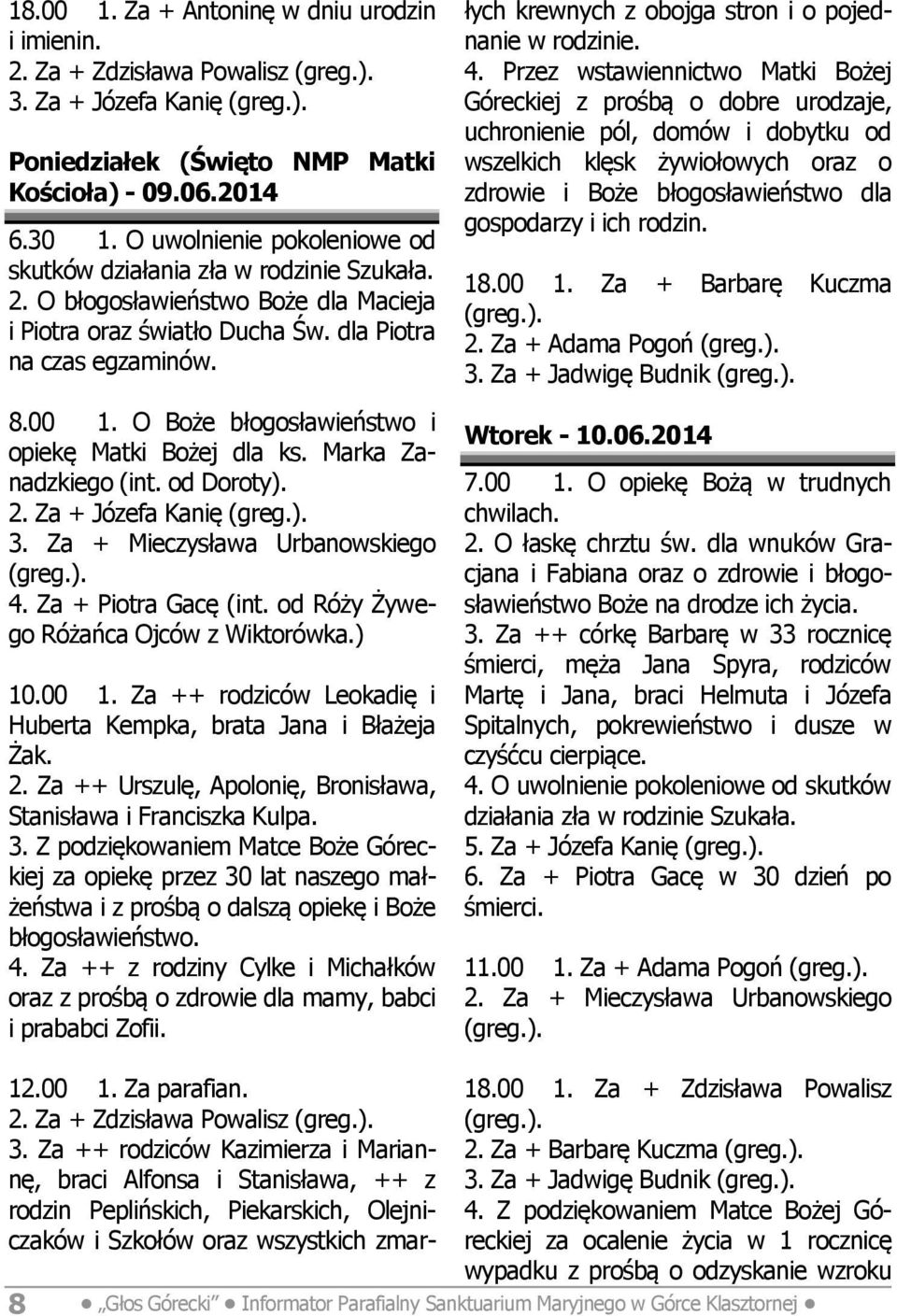 O Boże błogosławieństwo i opiekę Matki Bożej dla ks. Marka Zanadzkiego (int. od Doroty). 2. Za + Józefa Kanię 3. Za + Mieczysława Urbanowskiego 4. Za + Piotra Gacę (int.