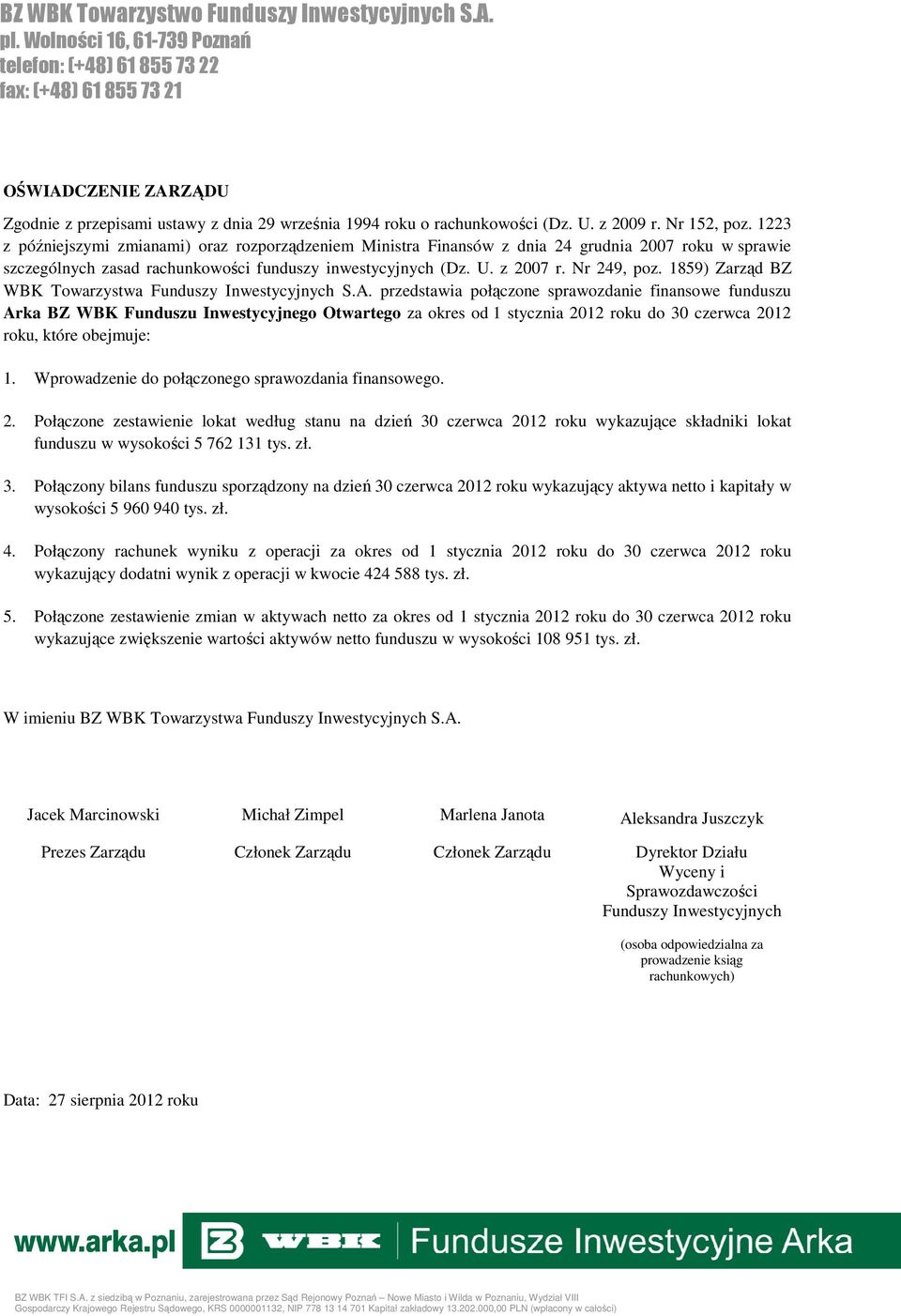 Nr 152, poz. 1223 z późniejszymi zmianami) oraz rozporządzeniem Ministra Finansów z dnia 24 grudnia 2007 roku w sprawie szczególnych zasad rachunkowości funduszy inwestycyjnych (Dz. U. z 2007 r.