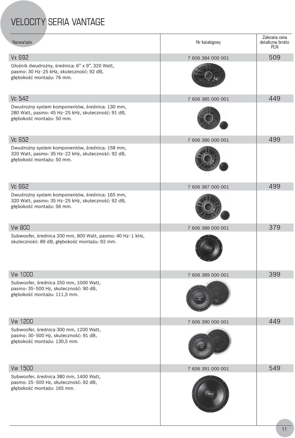 7 606 385 000 001 449 Vc 652 Dwudrożny system komponentów, średnica: 158 mm, 320 Watt, pasmo: 35 Hz - 22 khz, skuteczność: 92 db, głębokość montażu: 50 mm.