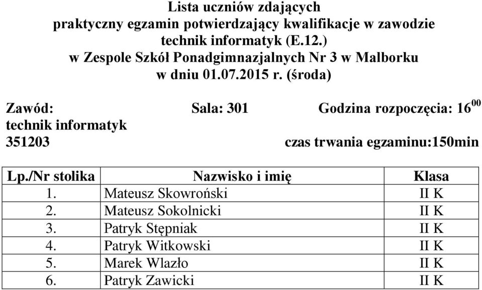 351203 czas trwania egzaminu:150min 1. Mateusz Skowroński II K 2.