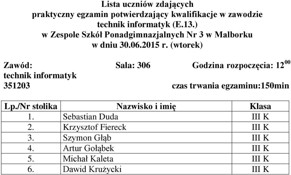 351203 czas trwania egzaminu:150min 1. Sebastian Duda III K 2.