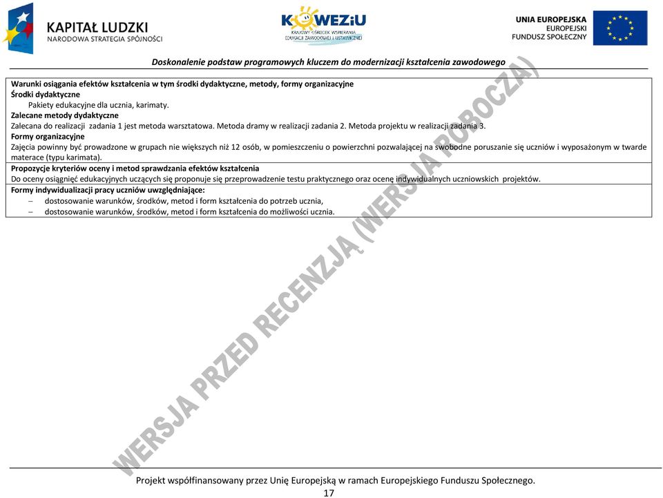 Formy organizacyjne Zajęcia powinny być prowadzone w grupach nie większych niż 12 osób, w pomieszczeniu o powierzchni pozwalającej na swobodne poruszanie się uczniów i wyposażonym w twarde materace