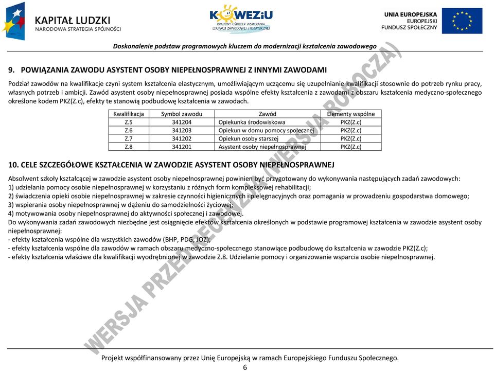 c), efekty te stanowią podbudowę kształcenia w zawodach. Kwalifikacja Symbol zawodu Zawód Elementy wspólne Z.5 341204 Opiekunka środowiskowa KZ(Z.c) Z.6 341203 Opiekun w domu pomocy społecznej KZ(Z.