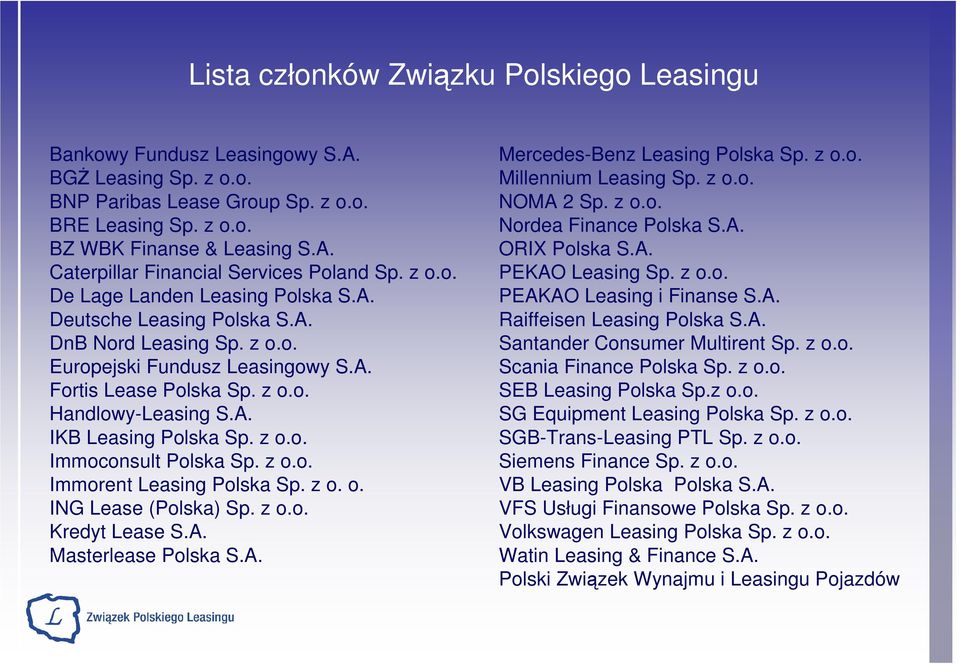 z o.o. Immoconsult Polska Sp. z o.o. Immorent Leasing Polska Sp. z o. o. ING Lease (Polska) Sp. z o.o. Kredyt Lease S.A. Masterlease Polska S.A. Mercedes-Benz Leasing Polska Sp. z o.o. Millennium Leasing Sp.