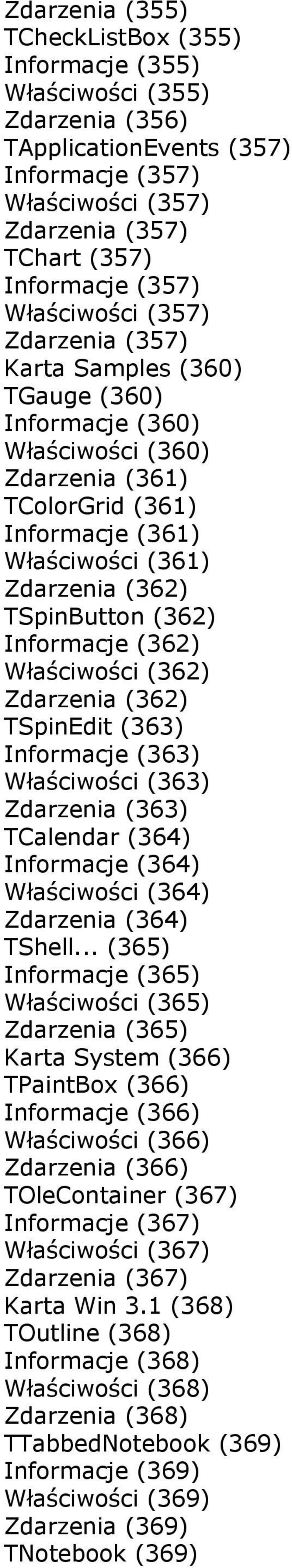 (362) Informacje (362) Właściwości (362) Zdarzenia (362) TSpinEdit (363) Informacje (363) Właściwości (363) Zdarzenia (363) TCalendar (364) Informacje (364) Właściwości (364) Zdarzenia (364) TShell.