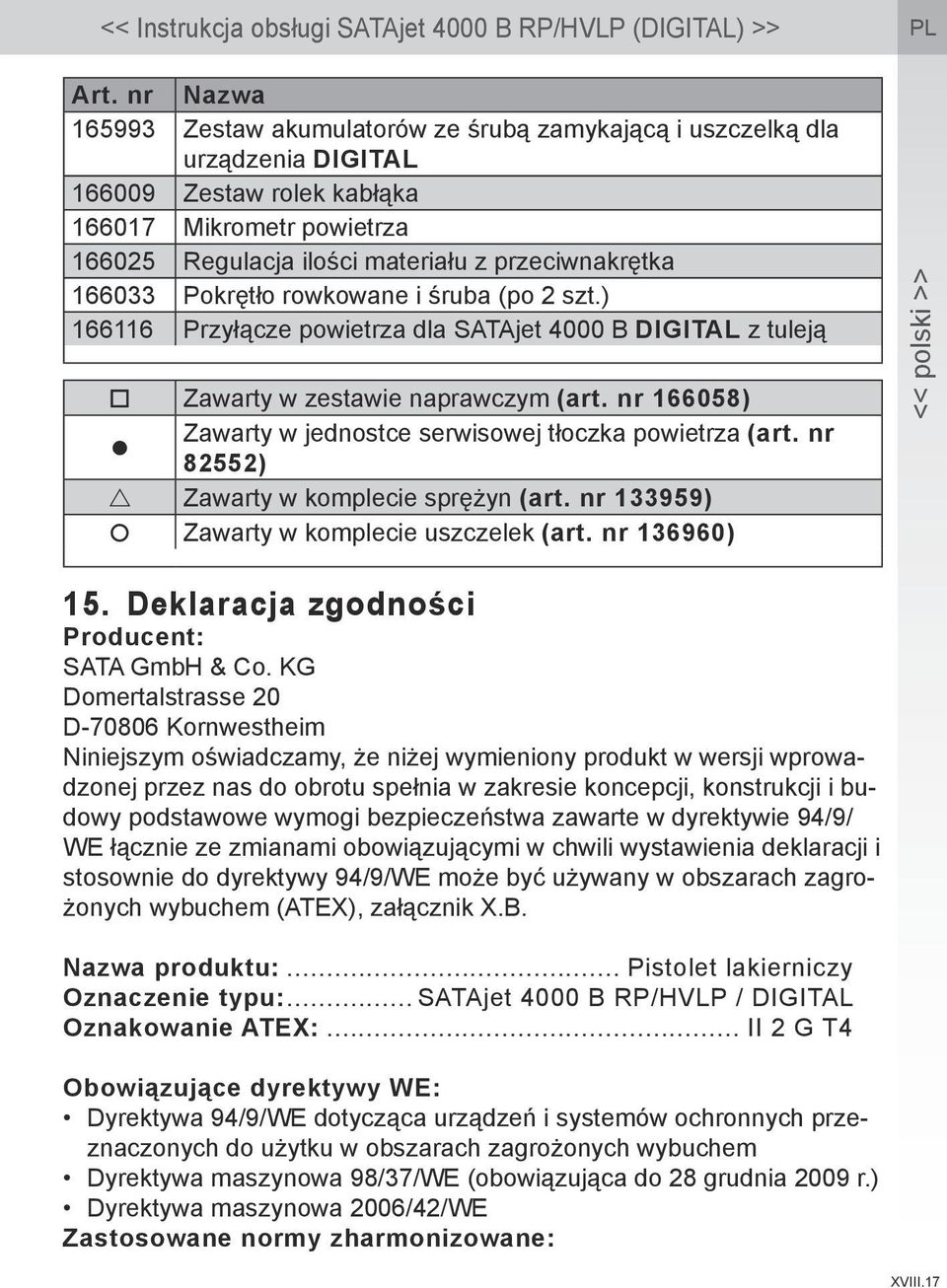 nr 166058) Zawarty w jednostce serwisowej tłoczka powietrza (art. nr 82552) Zawarty w komplecie sprężyn (art. nr 133959) Zawarty w komplecie uszczelek (art. nr 136960) 15.