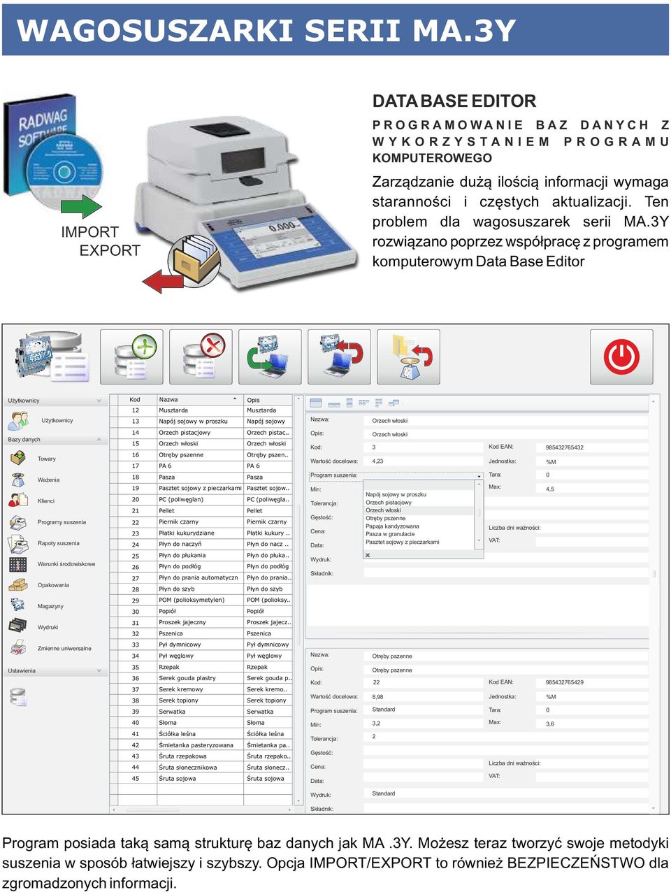 3Y rozwiązao poprzez współpracę z programem komputerowym Data Base Editor Użytkowicy Kod Nazwa Opis Użytkowicy 12 13 Musztarda Napój sojowy w proszku Musztarda Napój sojowy Nazwa: Orzech włoski Bazy