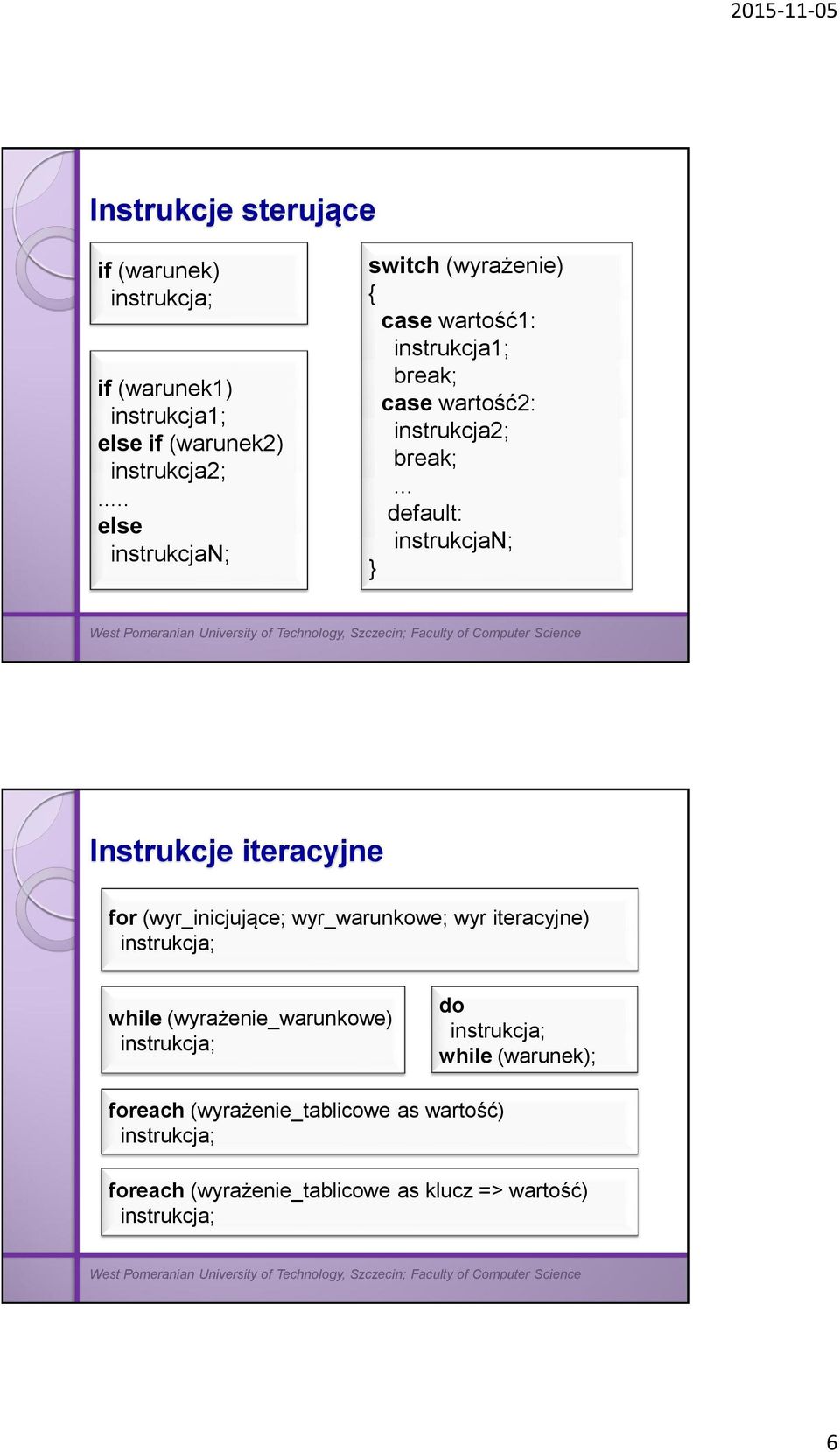 .. default: instrukcjan; } Instrukcje iteracyjne for (wyr_inicjujące; wyr_warunkowe; wyr iteracyjne) instrukcja; while