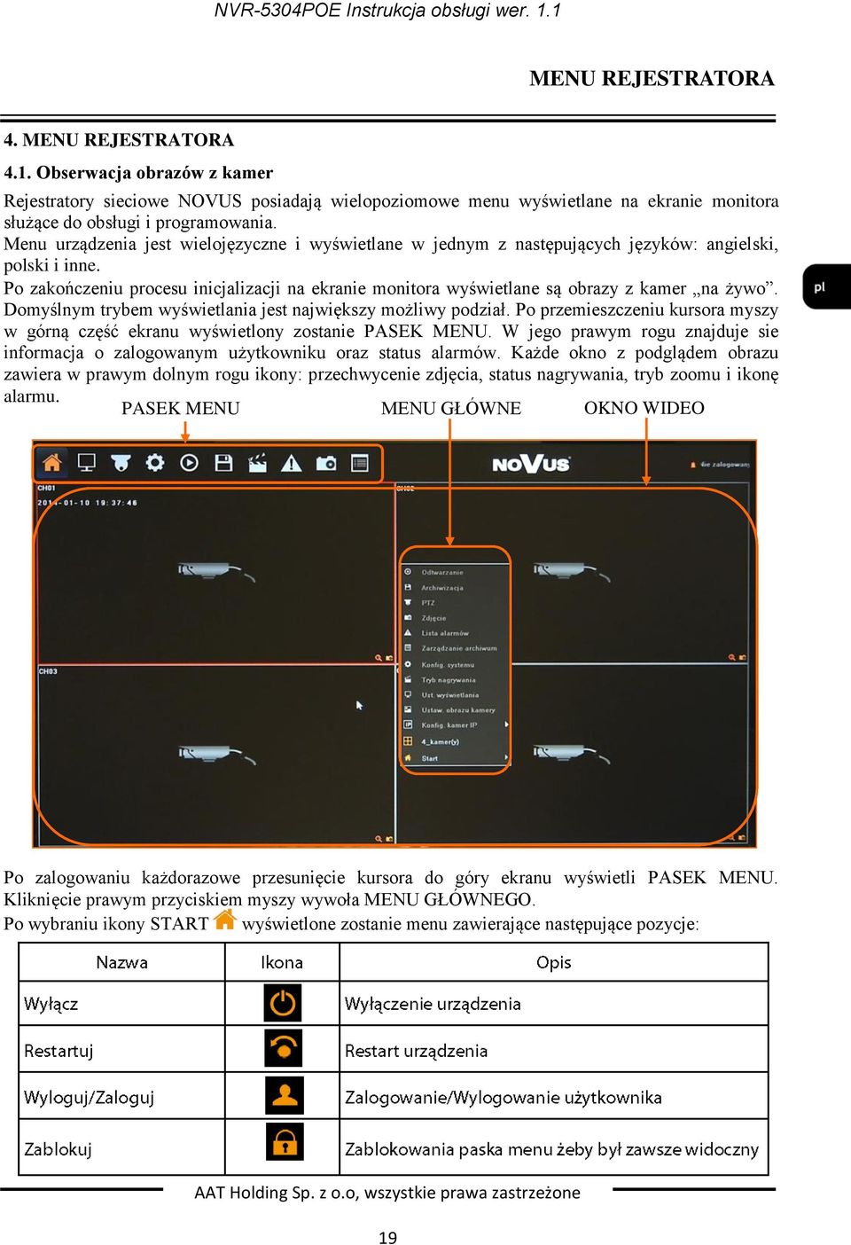 Po zakończeniu procesu inicjalizacji na ekranie monitora wyświetlane są obrazy z kamer na żywo. Domyślnym trybem wyświetlania jest największy możliwy podział.