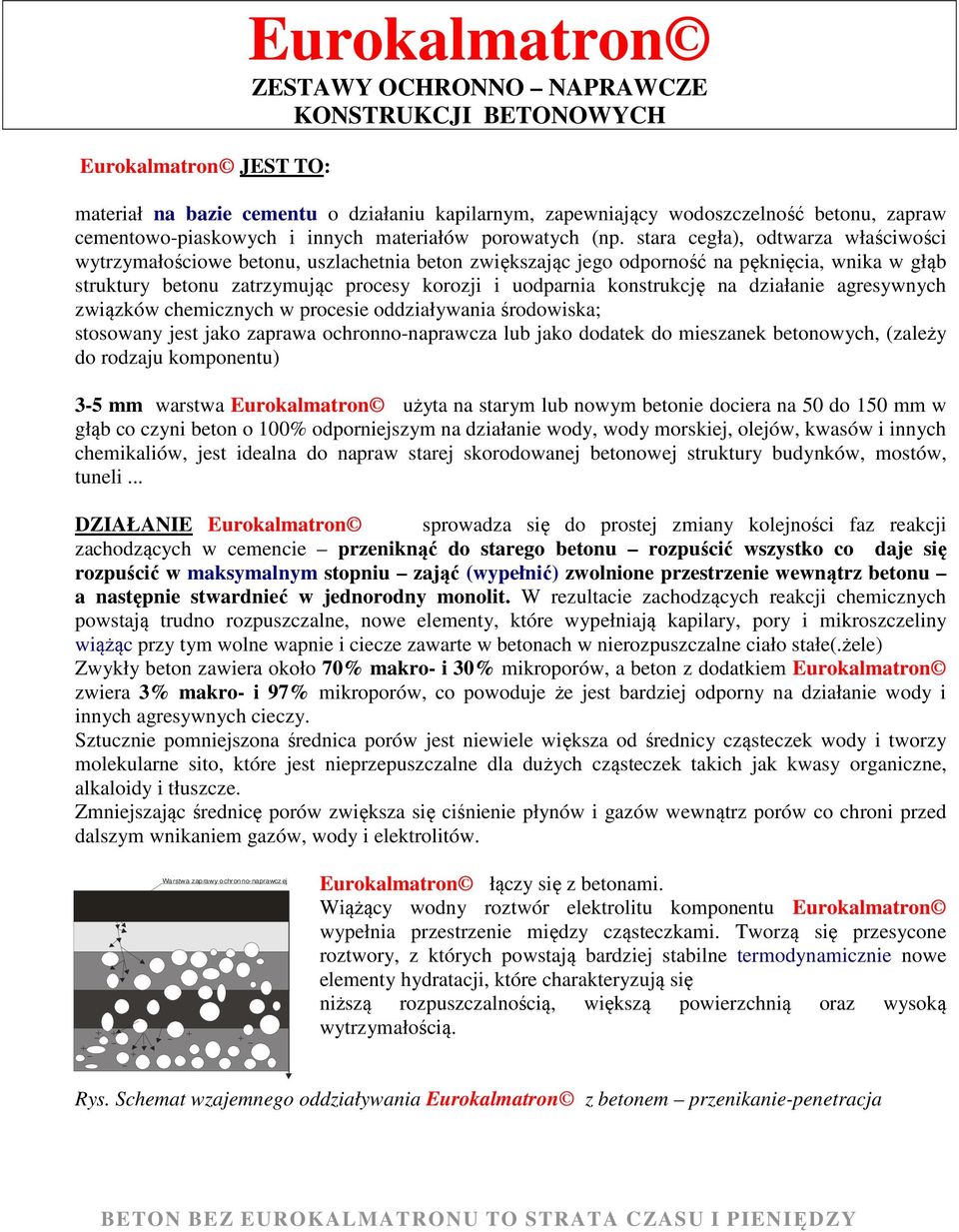 stara cegła), odtwarza właściwości wytrzymałościowe betonu, uszlachetnia beton zwiększając jego odporność na pęknięcia, wnika w głąb struktury betonu zatrzymując procesy korozji i uodparnia