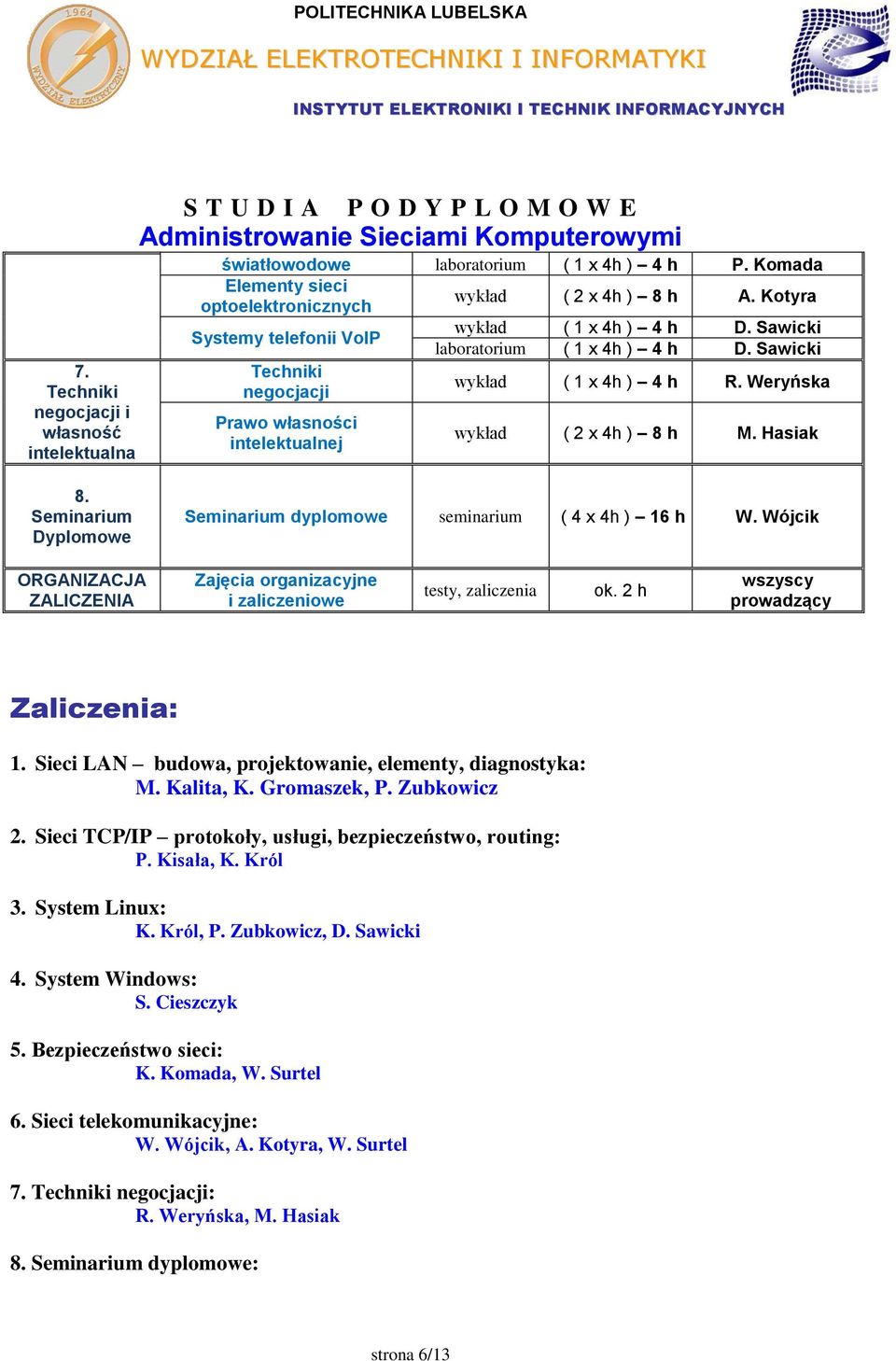 Weryńska Prawo własności intelektualnej wykład ( 2 x 4h ) 8 h M. Hasiak 8. Seminarium Dyplomowe Seminarium dyplomowe seminarium ( 4 x 4h ) 16 h W.