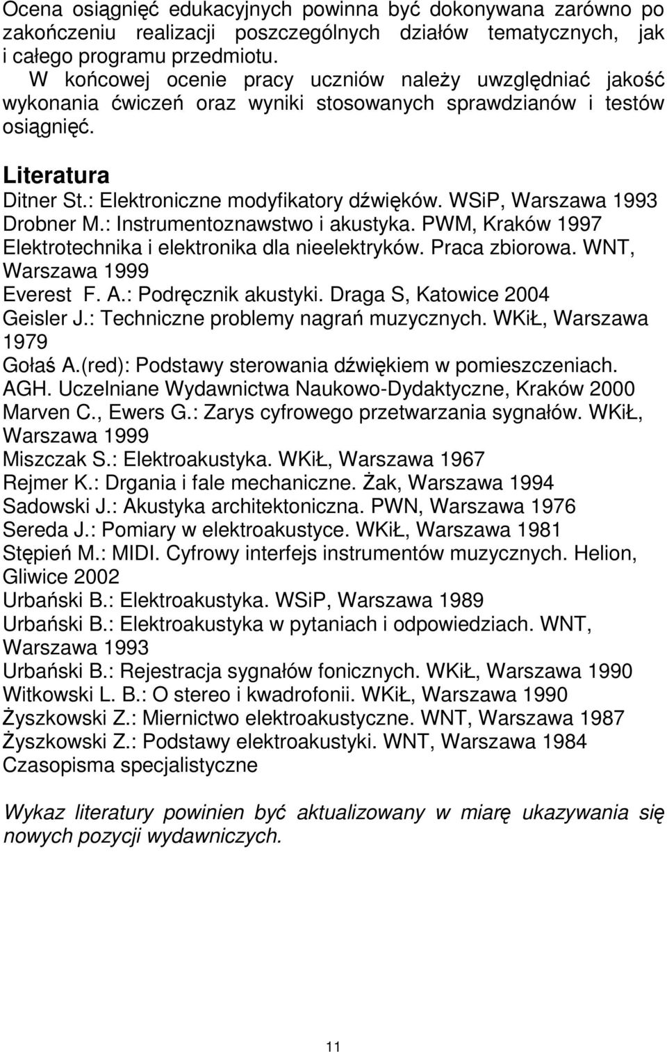 WSiP, Warszawa 1993 Drobner M.: Instrumentoznawstwo i akustyka. PWM, Kraków 1997 Elektrotechnika i elektronika dla nieelektryków. Praca zbiorowa. WNT, Warszawa 1999 Everest F. A.: Podręcznik akustyki.