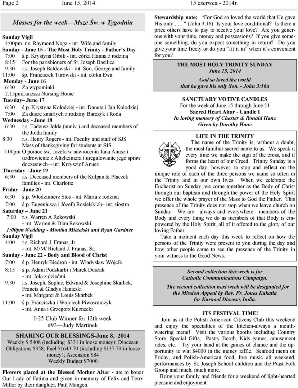 Son, George and family 11:00 śp. Franciszek Turowski - int. córka Ewa Monday - June 16 6:30 Za wypominki 2:15pm Lanessa Nursing Home Tuesday June 17 6:30 ś.p. Krystyna Kołodziej - int.