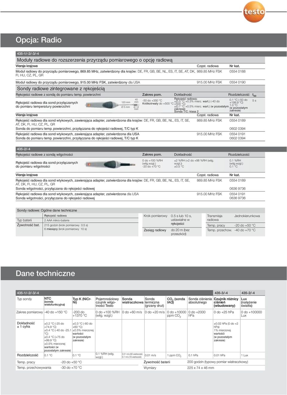 00 MHz FSK, zatwierdzony dla USA Sondy radiowe zintegrowane z rękojeścią 915.00 MHz FSK 0554 0190 Rękojeści radiowe z sondą do pomiaru temp.