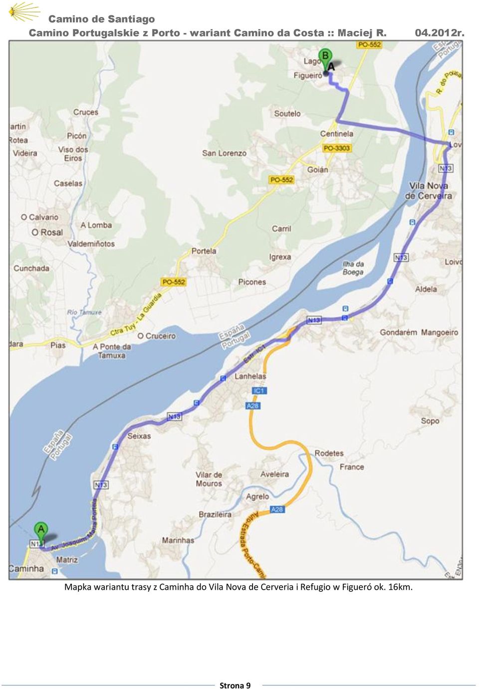 Mapka wariantu trasy z Caminha do Vila