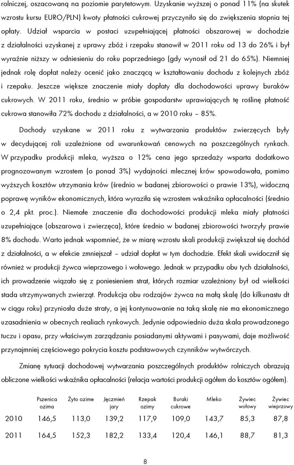 roku poprzedniego (gdy wynosił od 21 do 65%). Niemniej jednak rolę dopłat należy ocenić jako znaczącą w kształtowaniu dochodu z kolejnych zbóż i rzepaku.