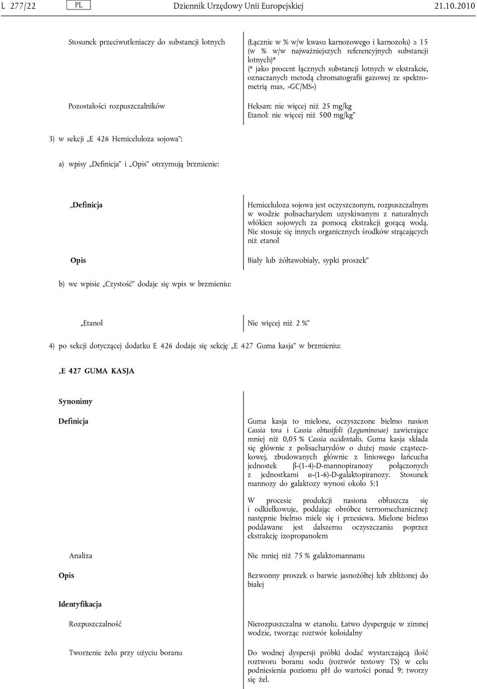 substancji lotnych w ekstrakcie, oznaczanych metodą chromatografii gazowej ze spektrometrią mas,»gc/ms«) Pozostałości rozpuszczalników Heksan: nie więcej niż 25 mg/kg Etanol: nie więcej niż 500 mg/kg