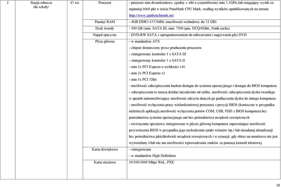 cpubenchmark.net Pamięć RAM - 4GB DDR3-1333MHz (możliwość rozbudowy do 32 GB) Dysk twardy - 500 GB (min. SATA III; min.