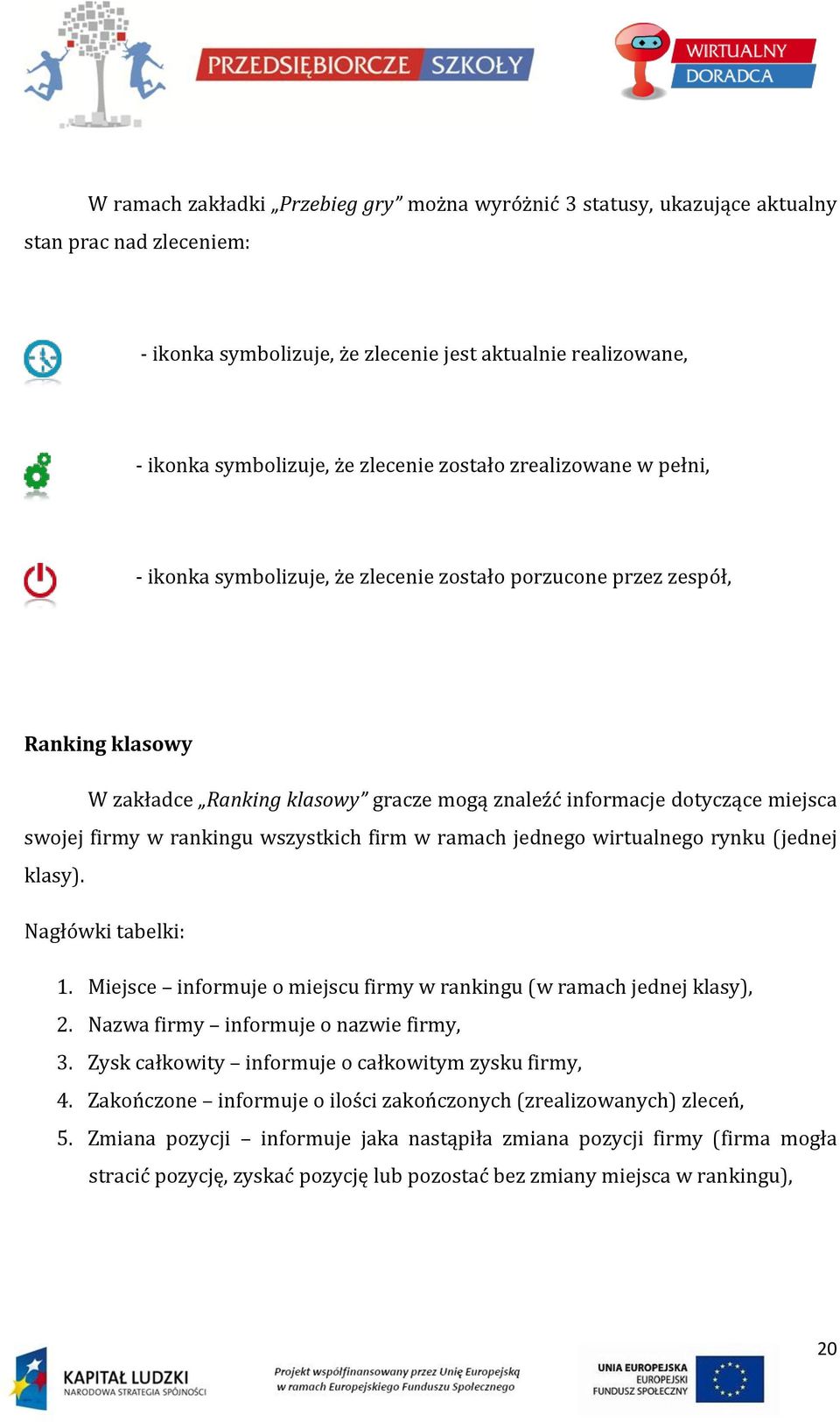 firmy w rankingu wszystkich firm w ramach jednego wirtualnego rynku (jednej klasy). Nagłówki tabelki: 1. Miejsce informuje o miejscu firmy w rankingu (w ramach jednej klasy), 2.