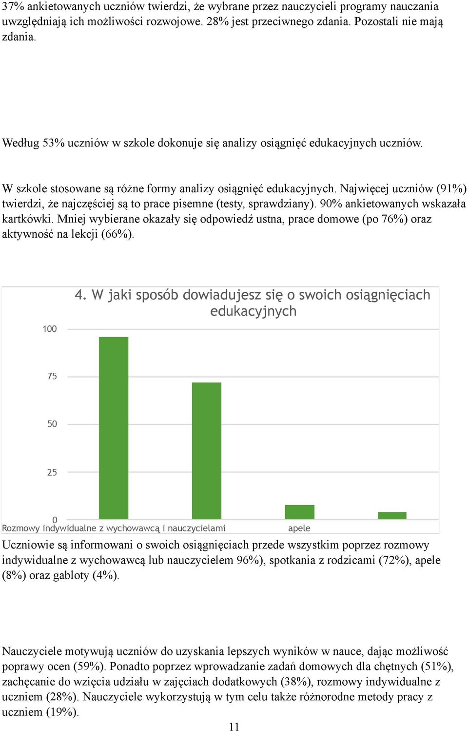 Najwięcej uczniów (91%) twierdzi, że najczęściej są to prace pisemne (testy, sprawdziany). 9 ankietowanych wskazała kartkówki.