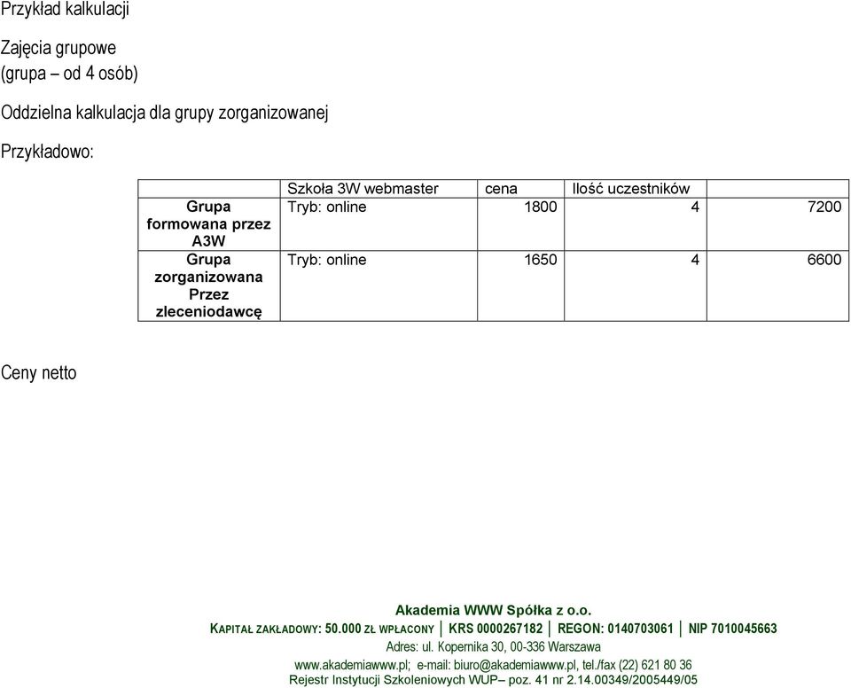 A3W Grupa zorganizowana Przez zleceniodawcę Szkoła 3W webmaster cena