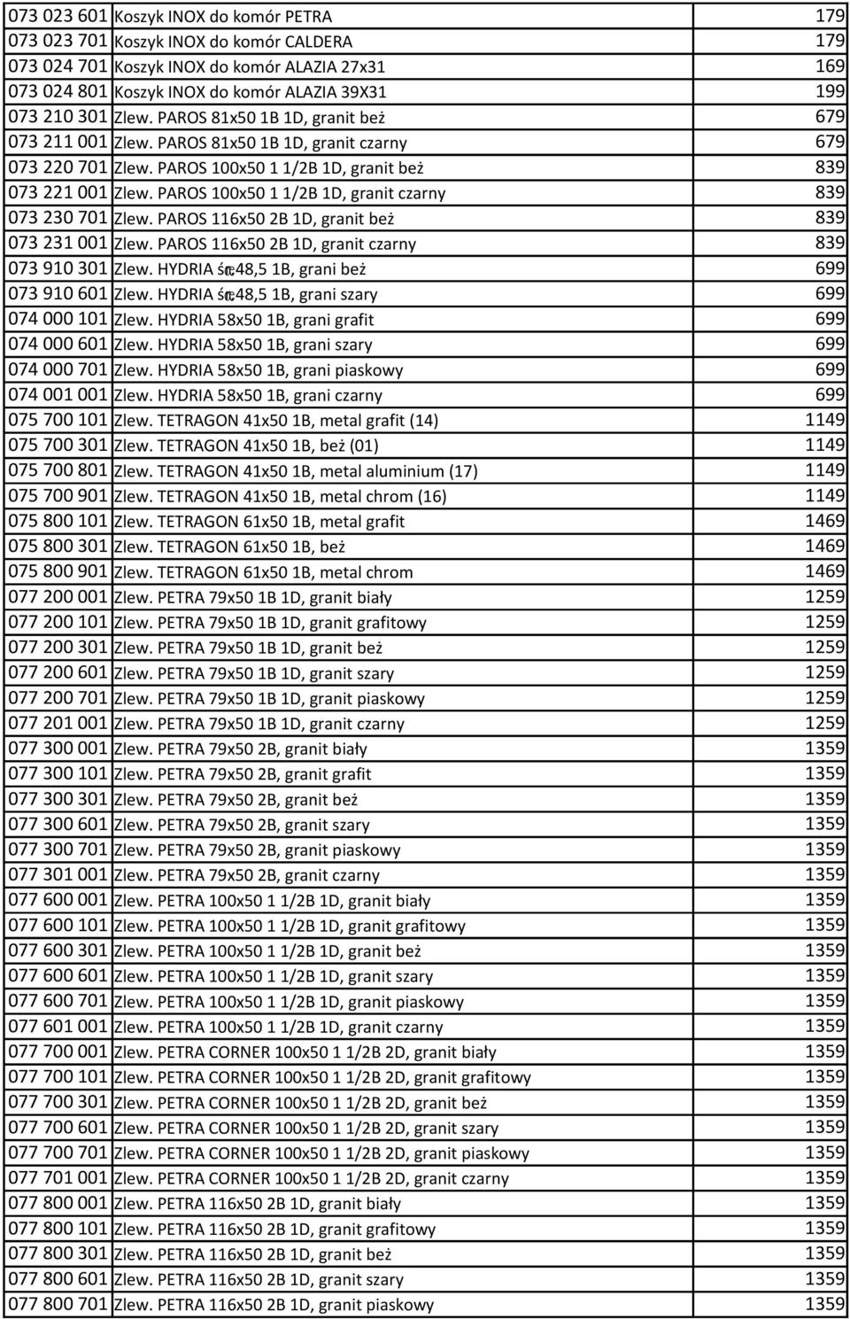 PAROS 100x50 1 1/2B 1D, granit czarny 839 073 230 701 Zlew. PAROS 116x50 2B 1D, granit beż 839 073 231 001 Zlew. PAROS 116x50 2B 1D, granit czarny 839 073 910 301 Zlew. HYDRIA śr.