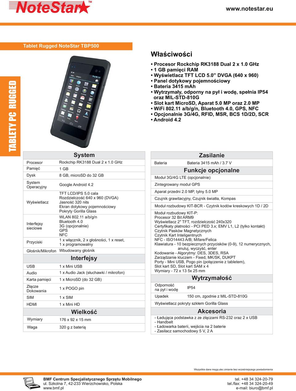 0 3G (opcjonalnie) GPS NFC 1 x włącznik, 2 x głośności, 1 x reset, 1 x programowalny Wbudowany głośnik 1 x 1 x Mini HD 1 x Mini 1 x Jack (słuchawki / mikrofon) 1 x MicroSD (do 32 GB) 1 x POGO pin 176