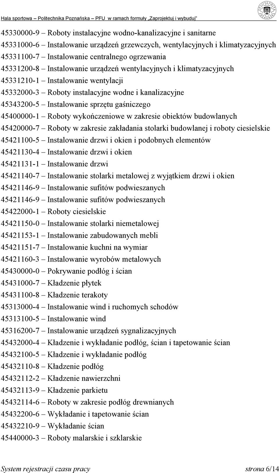 Roboty wykończeniowe w zakresie obiektów budowlanych 45420000-7 Roboty w zakresie zakładania stolarki budowlanej i roboty ciesielskie 45421100-5 Instalowanie drzwi i okien i podobnych elementów