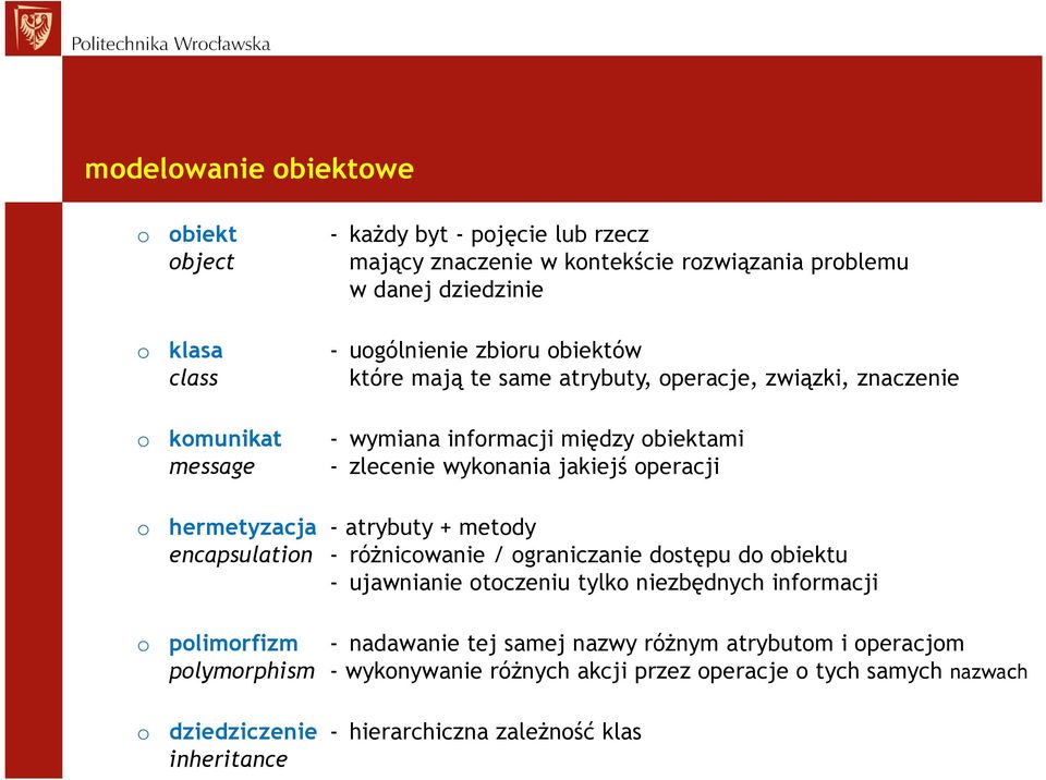 hermetyzacja - atrybuty + metody encapsulation - różnicowanie / ograniczanie dostępu do obiektu - ujawnianie otoczeniu tylko niezbędnych informacji o polimorfizm - nadawanie