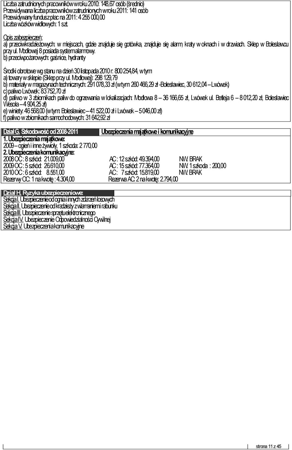 Modłowej 8 posiada system alarmowy. b) przeciwpożarowych: gaśnice, hydranty Środki obrotowe wg stanu na dzień 30 listopada 2010 r: 800 254,84, w tym: a) towary w sklepie (Sklep przy ul.