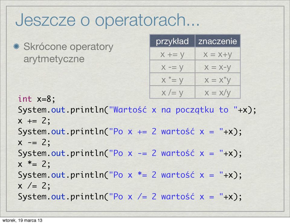 y x = x/y int x=8; System.out.println("Wartość x na początku to "+x); x += 2; System.out.println("Po x += 2 wartość x = "+x); x -= 2; System.