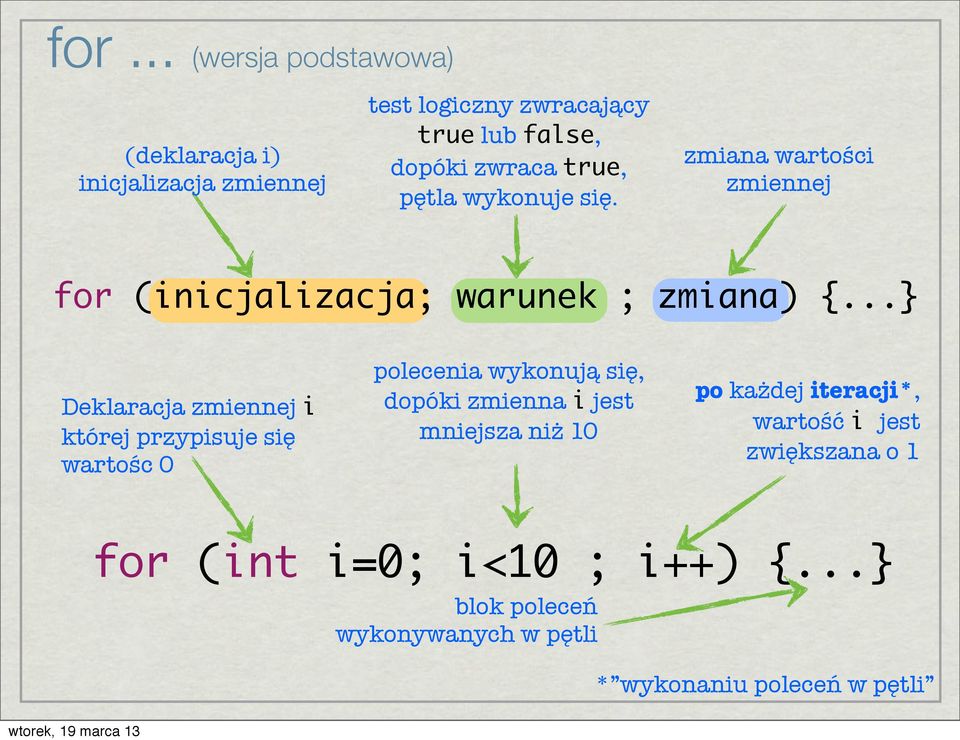 .. Deklaracja zmiennej i której przypisuje się wartośc 0 polecenia wykonują się, dopóki zmienna i jest mniejsza niż 10
