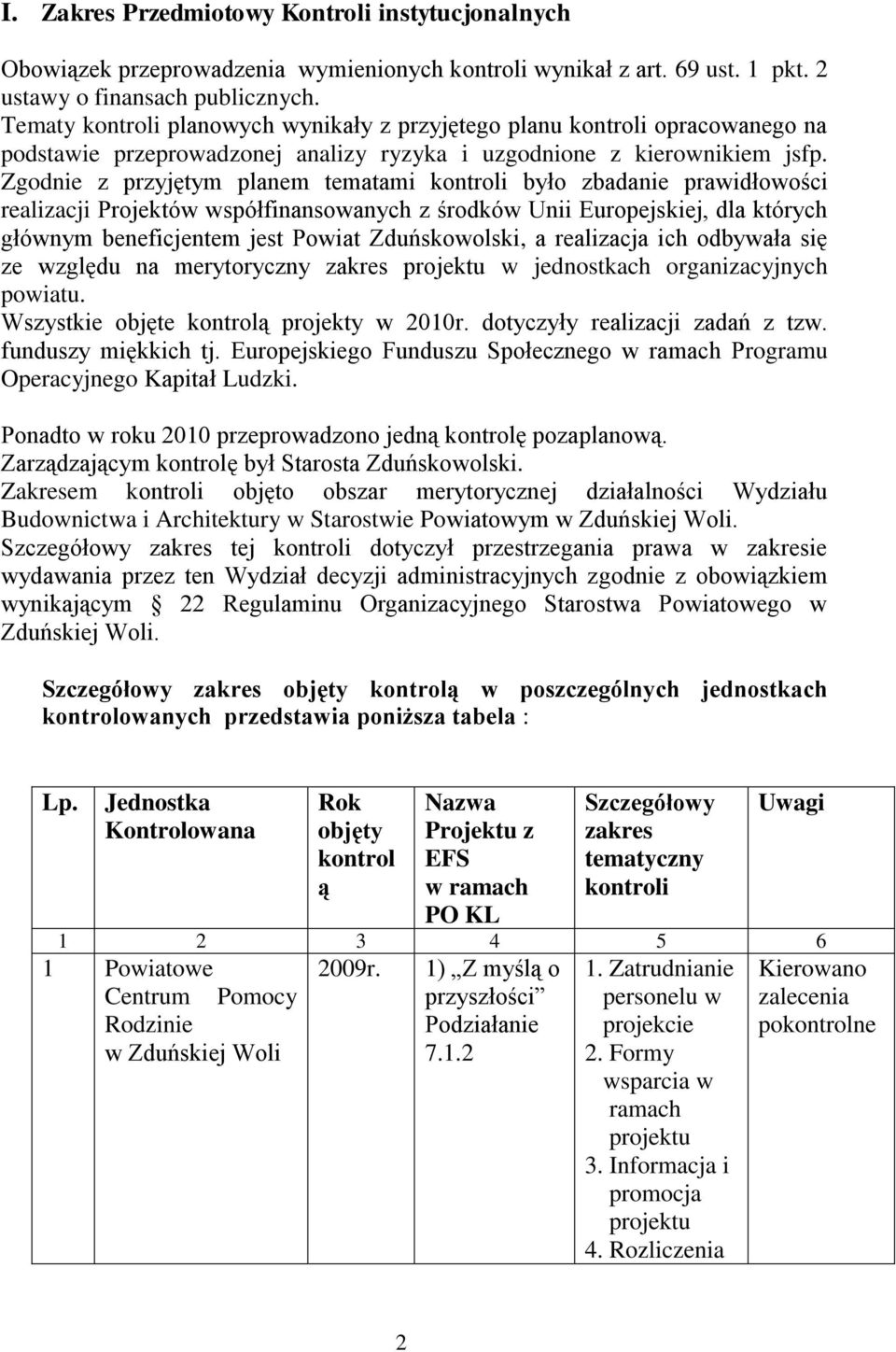 Zgodnie z przyjętym planem tematami kontroli było zbadanie prawidłowości realizacji Projektów współfinansowanych z środków Unii Europejskiej, dla których głównym beneficjentem jest Powiat