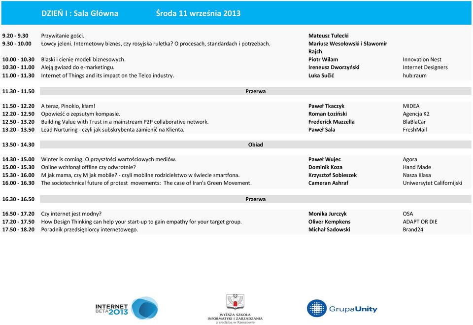 00-11.30 Internet of Things and its impact on the Telco industry. Luka Sučić hub:raum 11.30-11.50 11.50-12.20 A teraz, Pinokio, kłam! Paweł Tkaczyk MIDEA 12.20-12.50 Opowieść o zepsutym kompasie.