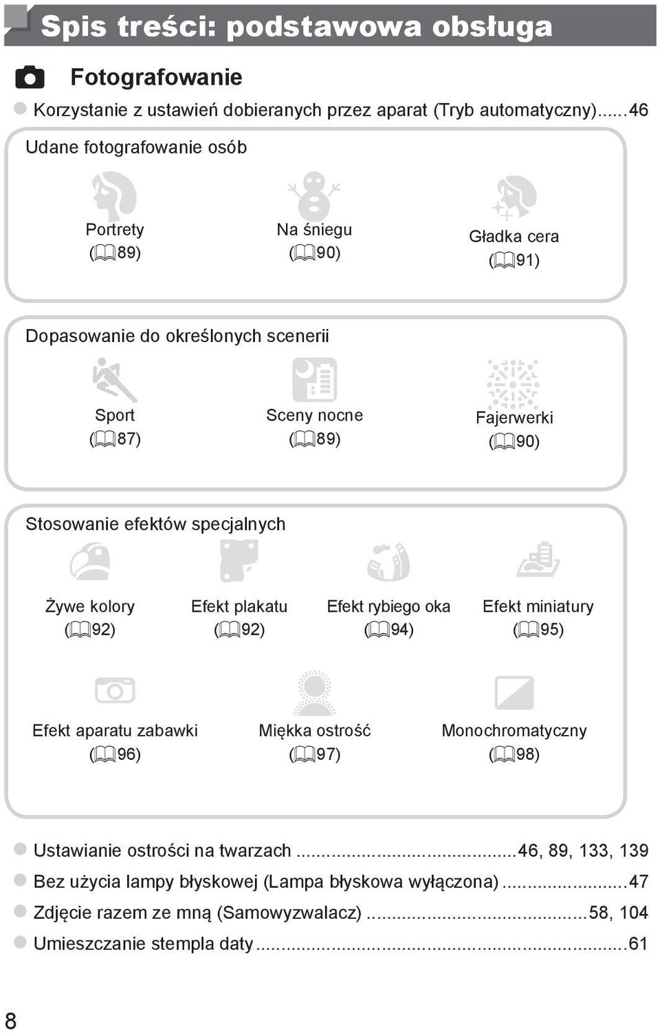 (= 90) Stosowanie efektów specjalnych Żywe kolory (= 92) Efekt plakatu (= 92) Efekt rybiego oka (= 94) Efekt miniatury (= 95) Efekt aparatu zabawki (= 96) Miękka ostrość