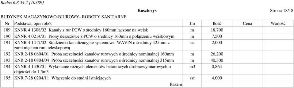 KNR 2-18 0804/01 Próba szczelności kanałów rurowych o średnicy nominalnej 160mm m 26,200 193 KNR 2-18 0804/04 Próba szczelności kanałów rurowych o średnicy nominalnej 315mm m