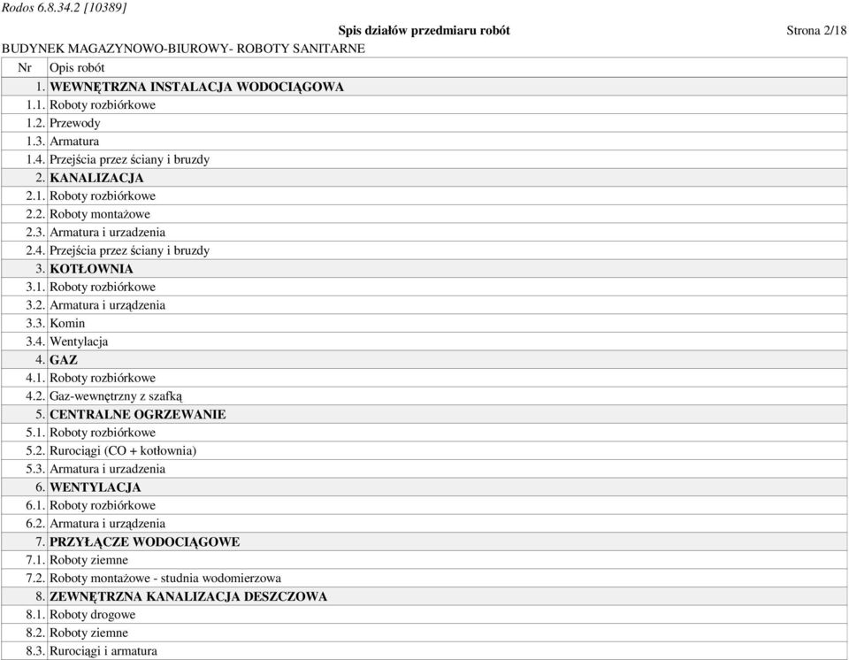 GAZ 4.1. Roboty rozbiórkowe 4.2. Gaz-wewnętrzny z szafką 5. CENTRALNE OGRZEWANIE 5.1. Roboty rozbiórkowe 5.2. Rurociągi (CO + kotłownia) 5.3. Armatura i urzadzenia 6. WENTYLACJA 6.1. Roboty rozbiórkowe 6.